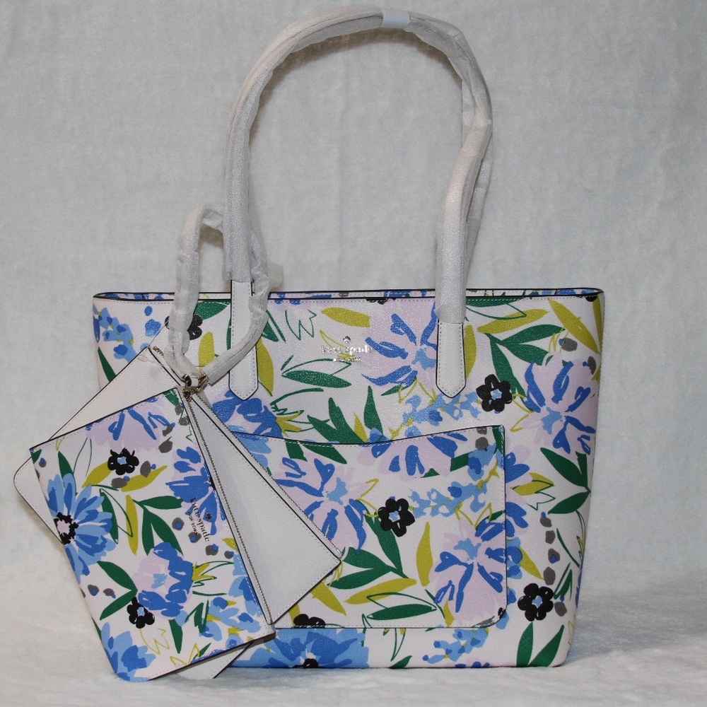 Kate Spade Spring Floral Large Tote & Wristlet Zip Pouch Set